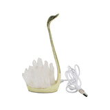 Quartz point/ Icicle quartz swan lamp with gold tone base, yellow light, USD cable