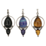 Tiger eye/black agate /amethyst/fluorite gemstone double teardrop pendant with silver color metal