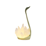 Quartz point/ Icicle quartz swan lamp with gold tone base, yellow light, USD cable