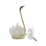 Quartz point/ Icicle quartz swan lamp with gold tone base, yellow light, USD cable