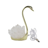 Quartz point/ Icicle quartz swan lamp with gold tone base, yellow light, USD cable