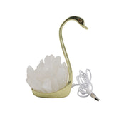 Quartz point/ Icicle quartz swan lamp with gold tone base, yellow light, USD cable