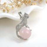 Gemstone Round Pendant With Silver Plated Copper Leopard Design, PND4060XX