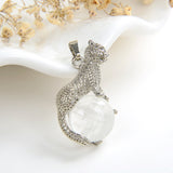 Gemstone Round Pendant With Silver Plated Copper Leopard Design, PND4060XX