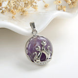 Gemstone Round Pendant With Silver Plated Cats Design, Small Size, PND4081XX