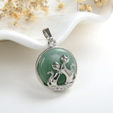 Gemstone Round Pendant With Silver Plated Cats Design, Small Size, PND4081XX