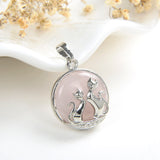 Gemstone Round Pendant With Silver Plated Cats Design, Small Size, PND4081XX