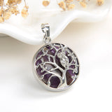 Gemstone Round Pendant Silver Plated Copper Owl-On-Tree Design, PND5031XX