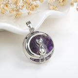 Gemstone Round Pendant Cat-On-The-Moon Silver Plated Design, PND4201XX