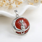 Gemstone Round Pendant Cat-On-The-Moon Silver Plated Design, PND4201XX