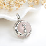 Gemstone Round Pendant Cat-On-The-Moon Silver Plated Design, PND4201XX