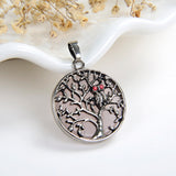 Round Gemstone Pendant Silver Plated Owl-On-Tree Design, PND4092XX