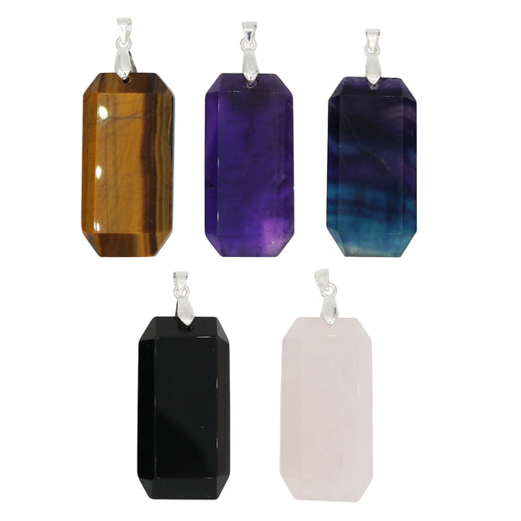 Rose quartz/tiger eye/black agate /amethyst/fluorite gemstone rectangle pendant with silver color metal
