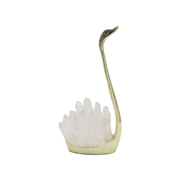 Quartz point/ Icicle quartz swan lamp with gold tone base, yellow light, USD cable