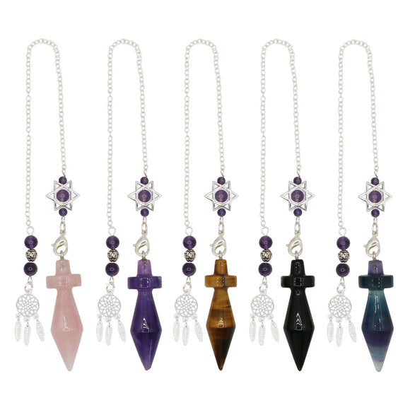 Rose quartz/tiger eye/black agate/amethyst/fluorite gemstone pendulum with silver color metal
