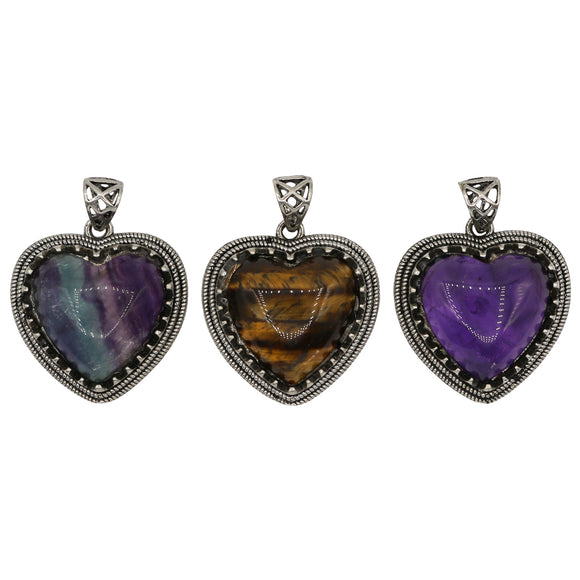 tiger eye/amethyst/fluorite gemstone heart pendant with antique silver color metal