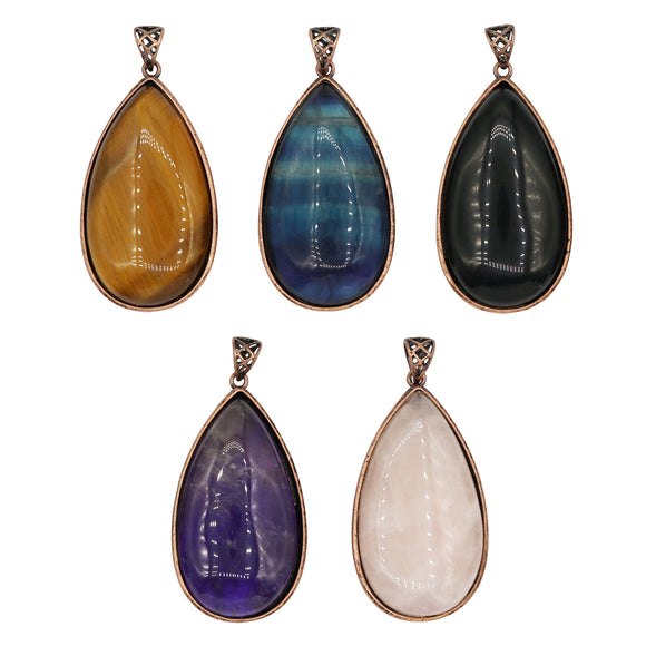 Rose quartz/black agate /amethyst/fluorite gemstone teardrop pendant with silver and copper color metal