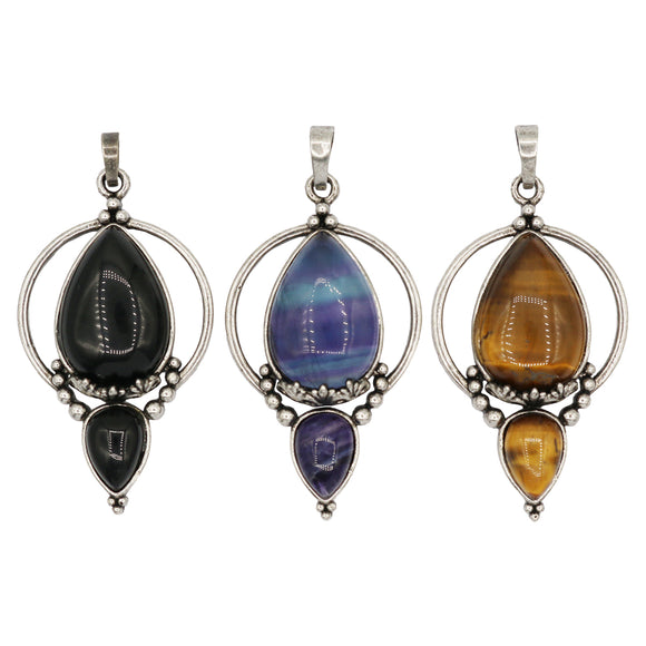 Tiger eye/black agate /amethyst/fluorite gemstone double teardrop pendant with silver color metal
