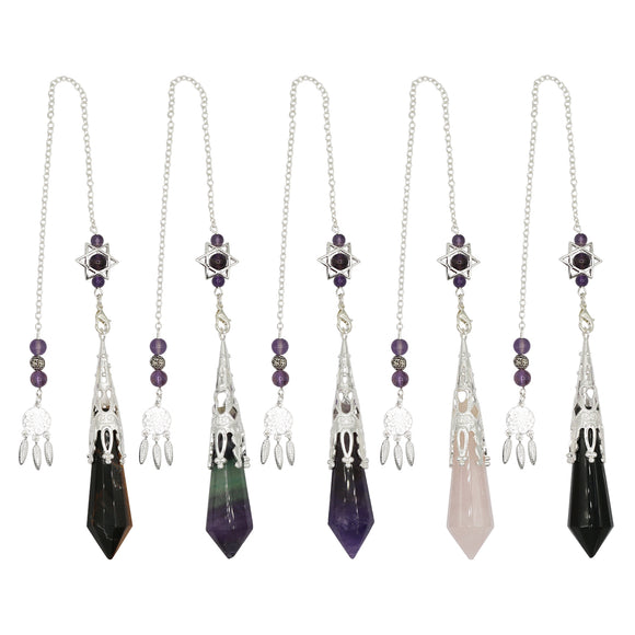 Rose quartz/tiger eye/black agate /amethyst/fluorite gemstone 12 facet crystal pendant with silver and copper color metal