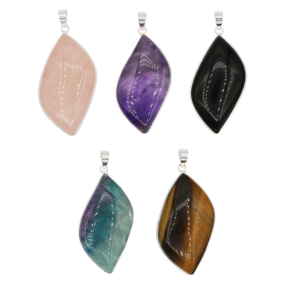 Rose quartz/tiger eye/black agate /amethyst/fluorite gemstone leaf shape pendant with silver color metal