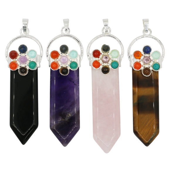 Rose quartz/tiger eye/black agate /amethyst gemstone flat point 7 chakra pendant with silver and copper color metal
