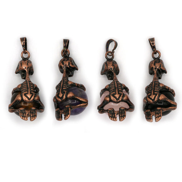 Rose quartz/tiger eye/black agate /amethyst  gemstone skull pendant with silver and copper color metal