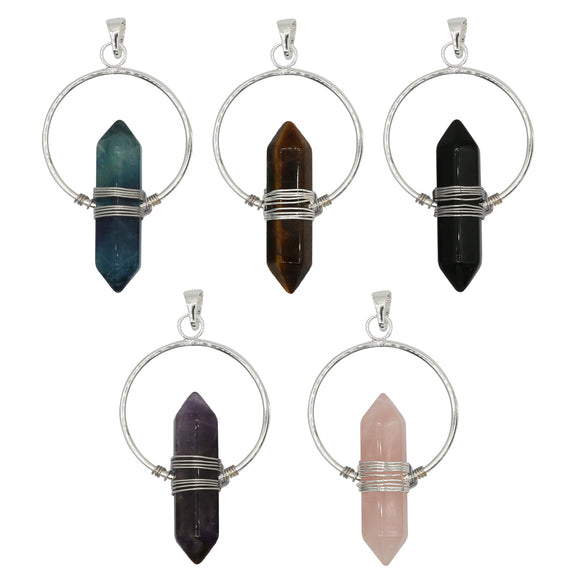 Rose quartz/tiger eye/black agate /amethyst/fluorite gemstone double point pendant with silver and copper color metal