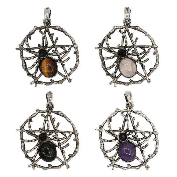 Rose quartz/tiger eye/black agate /amethyst gemstone spider pendant with silver color metal