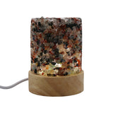 Gemstone chip multicolor Rock Quartz cylinder lamp with wood base and white light with USD cable