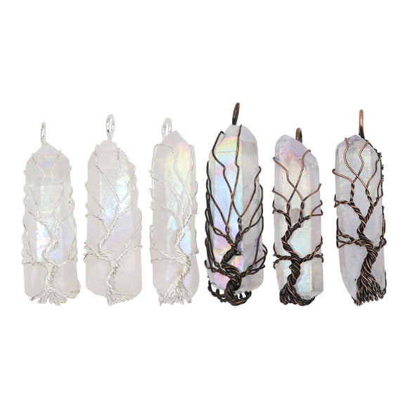 Angel aura crystal points tree pendant with silver /copper plated metal
