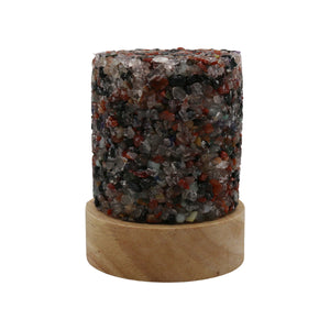 Gemstone chip multicolor Rock Quartz cylinder lamp with wood base and white light with USD cable