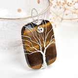 Gemstone Rectangle Pendants with Copper&Silver Plated Tree-of-Life, PND4161XX