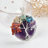 Gemstone Round Pendant Rimmed Rose Silver&Copper Plated 7 Chakra Wire Tree, PND4183XX