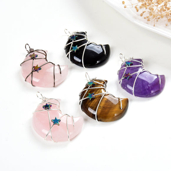 Gemstone Moon Pendants Silver&Copper Plated Wire, PND4185XX