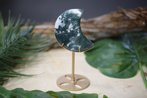 Moss Agate Moon on Stand Wholesale Carving Natural Crystal Energy
