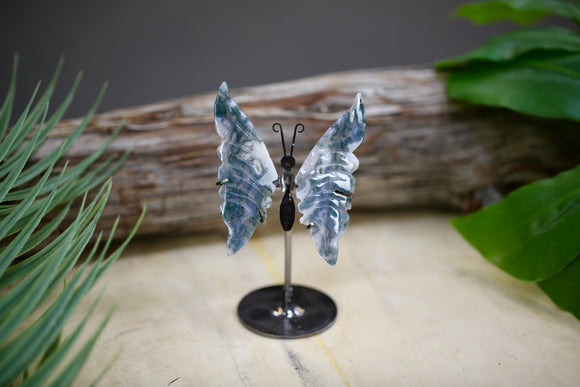Moss Agate Butterfly on Metal Stand Wholesale Natural Crystal Carving Energy