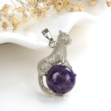 Gemstone Round Pendant With Silver Plated Copper Leopard Design, PND4060XX