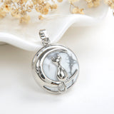 Gemstone Round Pendant Cat-On-The-Moon Silver Plated Design, PND4201XX