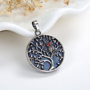 Round Gemstone Pendant Silver Plated Owl-On-Tree Design, PND4092XX