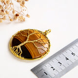 Tiger Eye Round Pendant Rimmed Gold Plated Wire Tree, Medium Size, PND6110TE