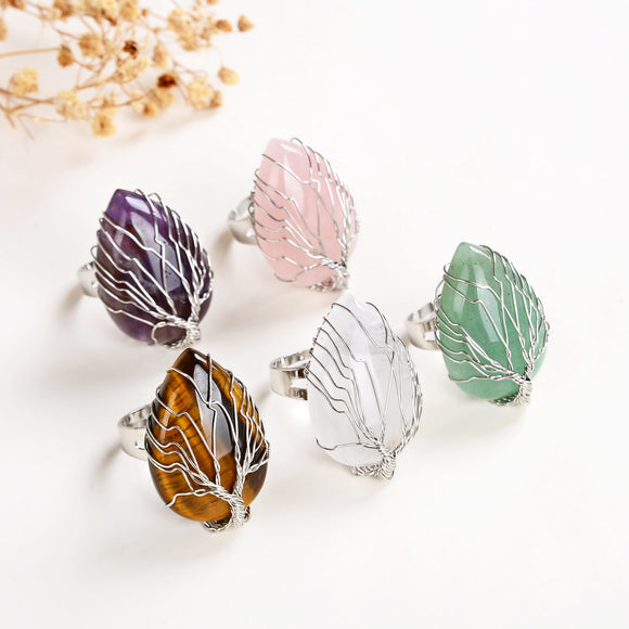 Gemstone Teardrop Rings with Silver Plated Wire Tree, Small Size, RNG0001XX