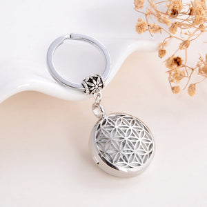 Gemstone Round Locket Keychain Flower-Of-Life Rhodium Plated Design, KCH0002XX