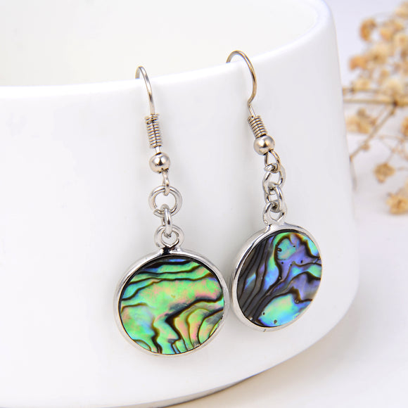 Abalone Paua Round Earrings Silver Plated Copper Casings&Hooks, ERN1009AB