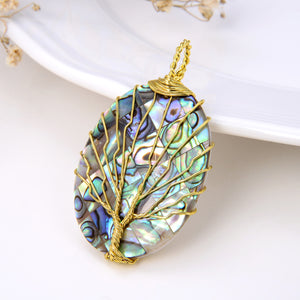 Oval Abalone Paua Pendant with Gold Plated Wire Tree, Medium Size, Pnd4004