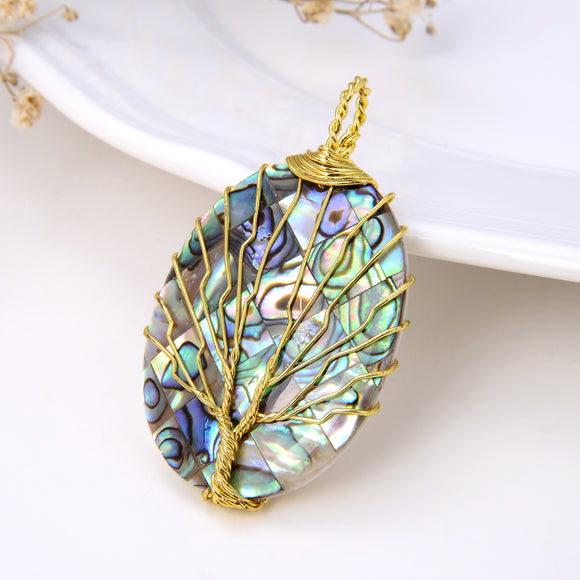 Oval Abalone Paua Pendant with Gold Plated Wire Tree, Medium Size, Pnd4004