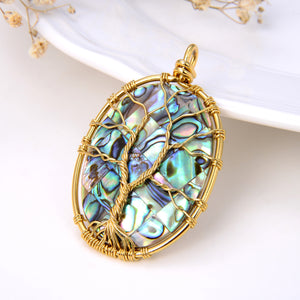 Oval Abalone Paua Pendant with Gold Plated Wire Tree, Medium Size, Pnd4005