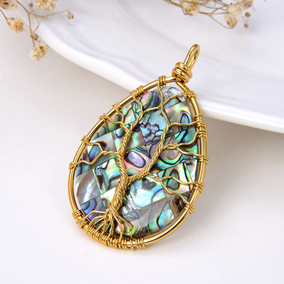 Teardrop Abalone Paua Pendant with Gold Plated Wire Tree, Medium Size, Pnd4007