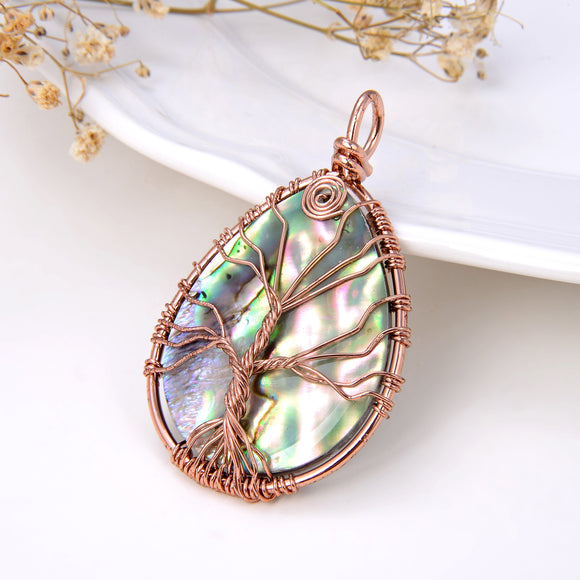 Teardrop Abalone Pendant with Copper Wire-wrapped Tree, Medium Size, Pnd4009
