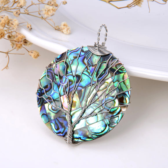 Round Mosaic Abalone Paua Pendant With Stainless Steel Wire Tree, Medium Size, Pnd4019