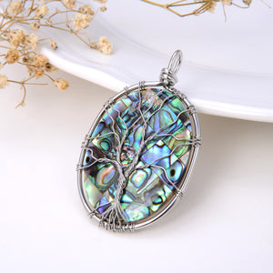 Oval Mosaic Abalone Paua Pendant With Stainless Steel Wire Tree, Pnd4020
